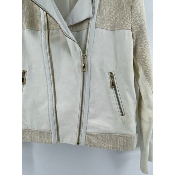 Ellen Tracy Off White Asymmetrical Zip Faux Leather Tweed Crop Jacket Size Med - Picture 3 of 16